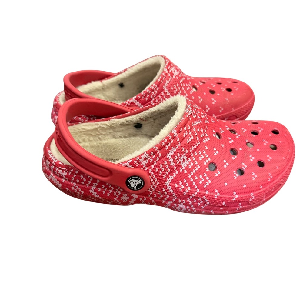 Crocs Classic Fuzz Lined Clogs Womens Red White Knit Print Dual Comfort Shoes